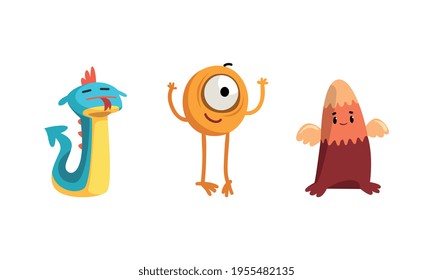 Cute Cartoon Monsters with Smiling Faces and Funky Shapes Vector Set