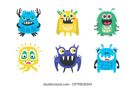 Cute Cartoon Monsters with Smiling Faces and Funky Shapes Vector Set