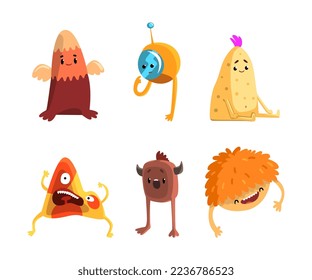 Cute Cartoon Monsters with Smiling Faces and Funky Shapes Vector Set