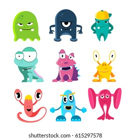 Cute cartoon monsters, vector funny characters with spooky eyes