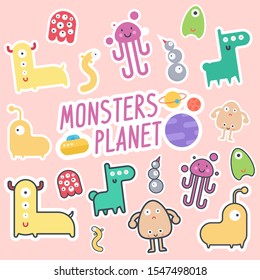 Cute cartoon monsters vector. Monsters isolated on pink background. Bundle of vector stickers. Patch badges. Pins. Vector illustration.