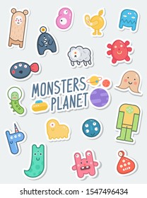 Cute cartoon monsters vector set. Flat design style vector. Collection vector monsters isolated. Idea for stickers design. Patch badges. Vector stickers, pins. 