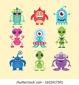Cute cartoon Monsters. Vector set of cartoon monsters
