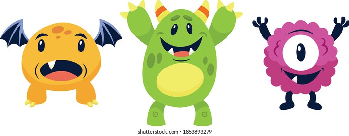 Cute cartoon Monsters. Vector set of cartoon monsters: bigfoot, gremlin troll and alien. Halloween characters isolated for kids on white background