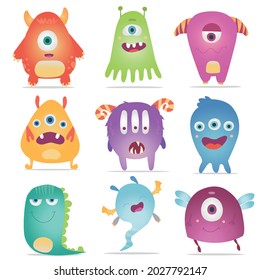 Cute cartoon Monsters. Vector set of cartoon monsters: caterpillar, ghost, goblin, bigfoot, microbe and alien. Halloween characters are isolated