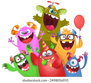 Cute cartoon Monsters. Vector set of cartoon happy monsters with balloons and party hats. Illustration isolated.