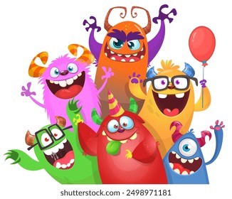 Cute cartoon Monsters. Vector set of cartoon happy monsters with balloons and party hats. Illustration isolated.