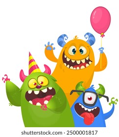 Cute cartoon Monsters. Vector set of cartoon monsters with balloons and party hats. Illustration isolated.