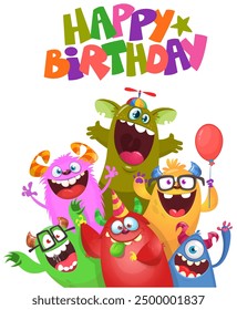 Cute cartoon Monsters. Vector set of cartoon monsters with balloons and party hats for birthday party. Illustration isolated.