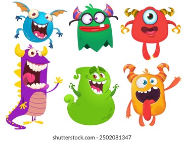 Monstruos lindos de la historieta. Vector conjunto de monstruos de dibujos animados: fantasma, duende, bigfoot yeti, troll y alienígena. Personajes de Halloween aislados.