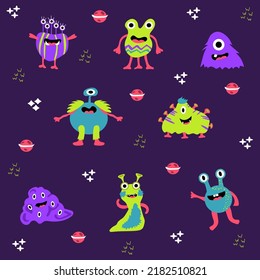 Cute cartoon monsters.Aliens in flat style. Space theme seamless pattern with aliens and monsters. Hand drawn illustration with colorful cartoon aliens pattern on violet background for textile design.