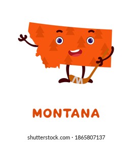 Cute cartoon Montana state character clipart. Illustrated map of state of Montana of USA with state name. Funny character design for kids game, sticker, cards, poster. Vector stock illustration.