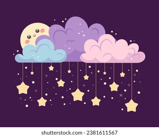 Cute cartoon moon behind clouds with lots of stars. Vector illustration in flat style for toddlers and children, print for children's clothing and goods