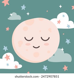 Cute cartoon moon with closed eyes among clouds and stars in a serene sky.