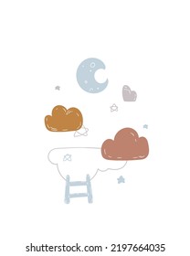 Cute cartoon moon and clouds. Print for baby posters, cards, clothes. Vector cartoon illustration.