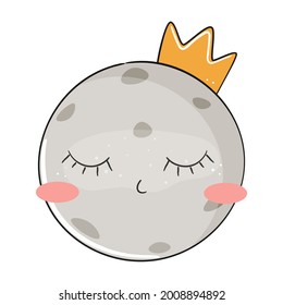 Luna de dibujos animados con corona. Ilustración vectorial.
