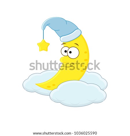 Cute cartoon moon in the hat on the cloud. Vector illustration islated on white background.