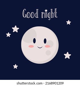 Cute cartoon moon with kawaii face in the sky. Good night wishes. Bright vector illustration suitable for greeting card, sticker, poster, print