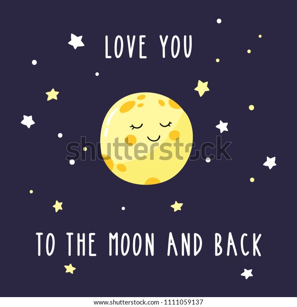 夜空にかわいい漫画の月 碑文は君を月に愛し 後ろに戻る グリーティングカード ポスター Tシャツでの印刷に適した明るいベクターイラスト のベクター画像素材 ロイヤリティフリー