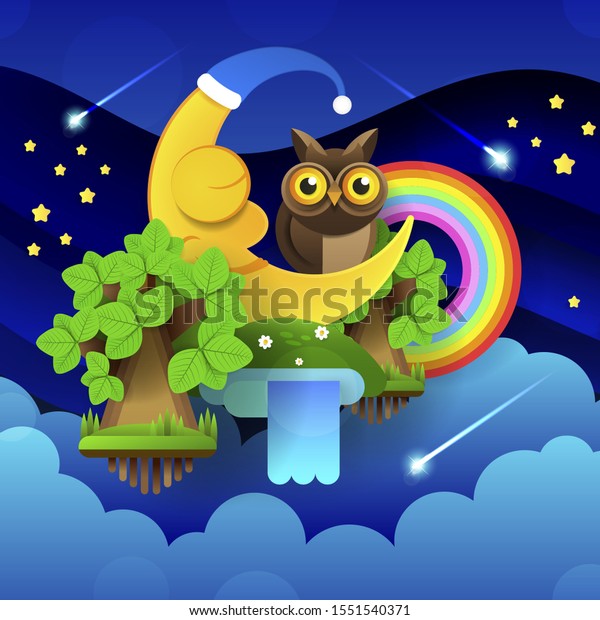 Cute Cartoon Moon In The Night Sky.\
Sleeping Moon Good Night Children. Bright Vector Illustration\
Suitable For Greeting Card, Poster Or T-shirt\
Printing.