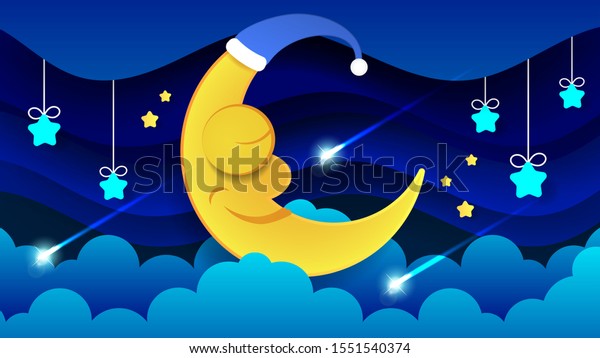 Cute Cartoon Moon In The Night Sky.\
Sleeping Moon Good Night Children. Bright Vector Illustration\
Suitable For Greeting Card, Poster Or T-shirt\
Printing.