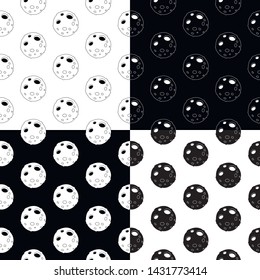 Cute cartoon moon pattern set with cheerful moon. Funny vector black and white moon pattern set. Seamless monochrome doodle moon pattern set for textile, wallpapers, wrapping paper, cards and web.