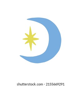Cute cartoon moon and star. Muslim, Islamic symbol, hand-drawn icon. Vector astrological illustration on isolated background.