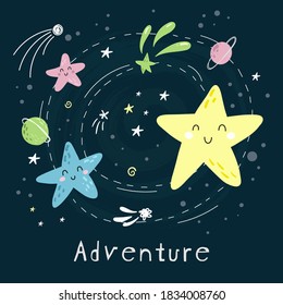 Cute cartoon moon, stars, comets and planet in the night sky. Inscription adventure.