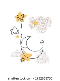Cute cartoon moon and stars. Print for baby posters, cards, clothes. Vector cartoon illustration.