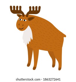 Cute cartoon moose in flat style. Elk isolated on white background. Animal. Vector illustration. 