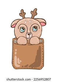 Cute cartoon moose in a pocket. Hand draw deer for kids child print