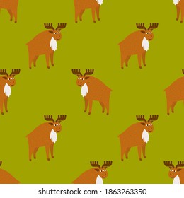 Cute cartoon moose seamless pattern in flat style. Elk background. Animal wrapping paper. Vector illustration. 