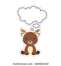 Cute cartoon moose with speech bubble sticker. Kawaii character on white background. Cartoon sitting animal postcard clipart for birthday, baby shower, party event. Vector stock illustration.
