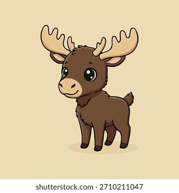 Cute cartoon moose standing with a friendly, happy expression. Adorable woodland animal illustration perfect for kids books, posters, stickers, nursery decor, and educational materials.