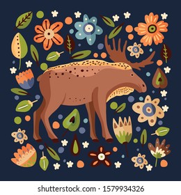Cute cartoon moose vector animal square card. Brown elk card in a flat style. Woodland childish illustration with botanical foliage and flowers.