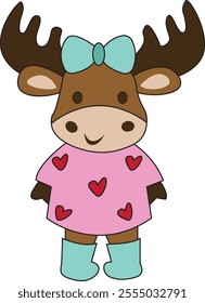 Cute cartoon moose wearing a pink heart-patterned sweater, blue bow, and matching boots, perfect for festive designs.