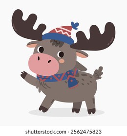 Cute cartoon moose wearing a warm scarf and beanie vector illustration isolated on white background	