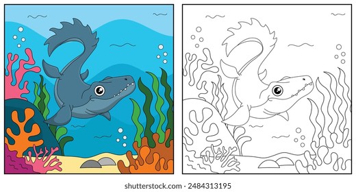 cute cartoon mosasaurus, funny illustration, coloring book for kids and children.