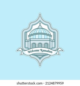 cute cartoon mosque, islamic card. vector illustration for sticker or icon