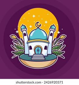 Cute cartoon mosque with moon and stars