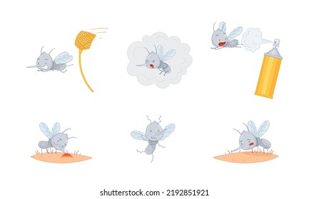 Cute Cartoon Mosquito Character As Small Flying Gnat With Proboscis Vector Set