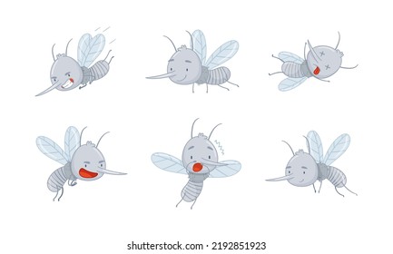 Cute Cartoon Mosquito Character As Small Flying Gnat With Proboscis Vector Set