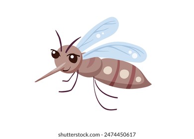 Cute Cartoon Mosquito Character. Vector Aedes Aegypti insect on white background. Concept for kids to prevent dengue and malaria diseases. Pest control design element.