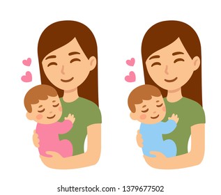 Cute cartoon mother with baby boy and girl. Happy young woman holding child. Isolated vector illustration.