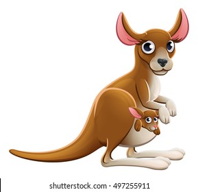 Cute cartoon mother and baby kangaroo animal characters with baby joey in the pouch
