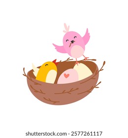 Cute cartoon mother bird and chick, unhatched eggs in nest, flat style vector illustration. Concept of care and nature and birds