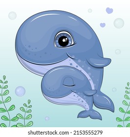 Cute cartoon mother and blue whale. Vector illustration of an underwater animal on a blue background with seaweeds.