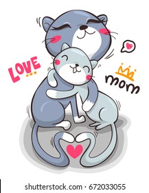 Cute cartoon mother cat showing love with kitten isolated on white background illustration vector, greeting card for mothers day.