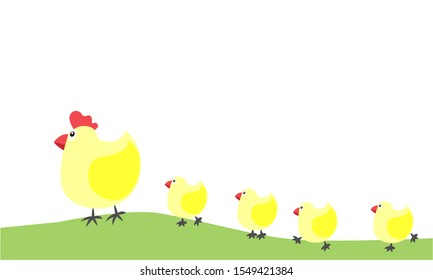 Cute cartoon of mother hen and her baby little chicks walking on grass in farm. Isolated on white background with free copy space. Vector Illustration.