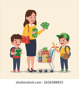 Cute cartoon mother holding saved money in her hand, her little boy riding a shopping cart, filled with school supplies, vector illustration 
